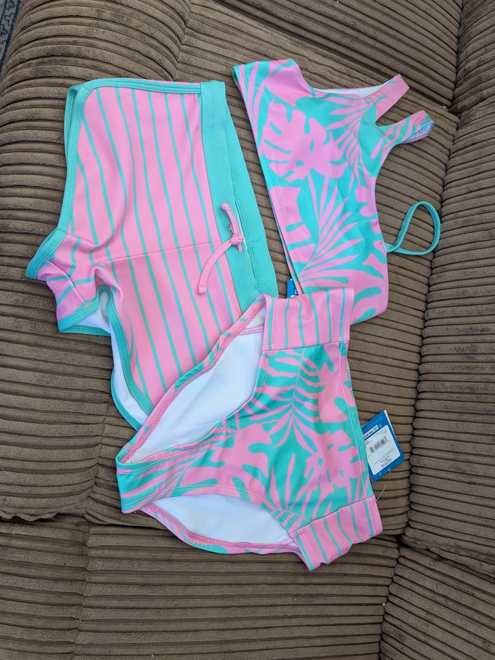 Kids Pink & Teal Tropical Two-Piece Swim Set Of Three- Girls